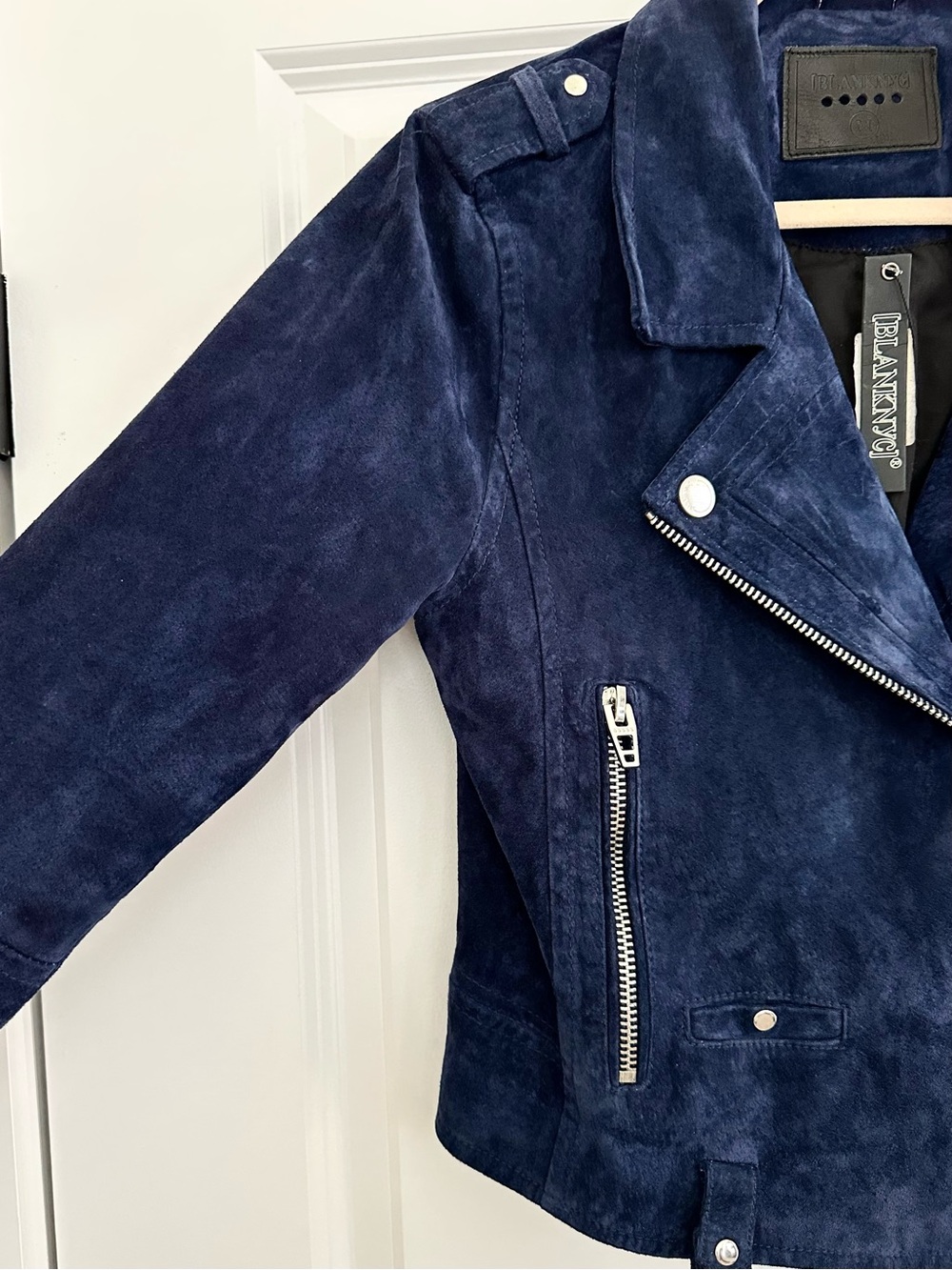 100% Suede Leather Fall Navy Blue Moto Jacket - Blank NYC - Picture 4 of 17